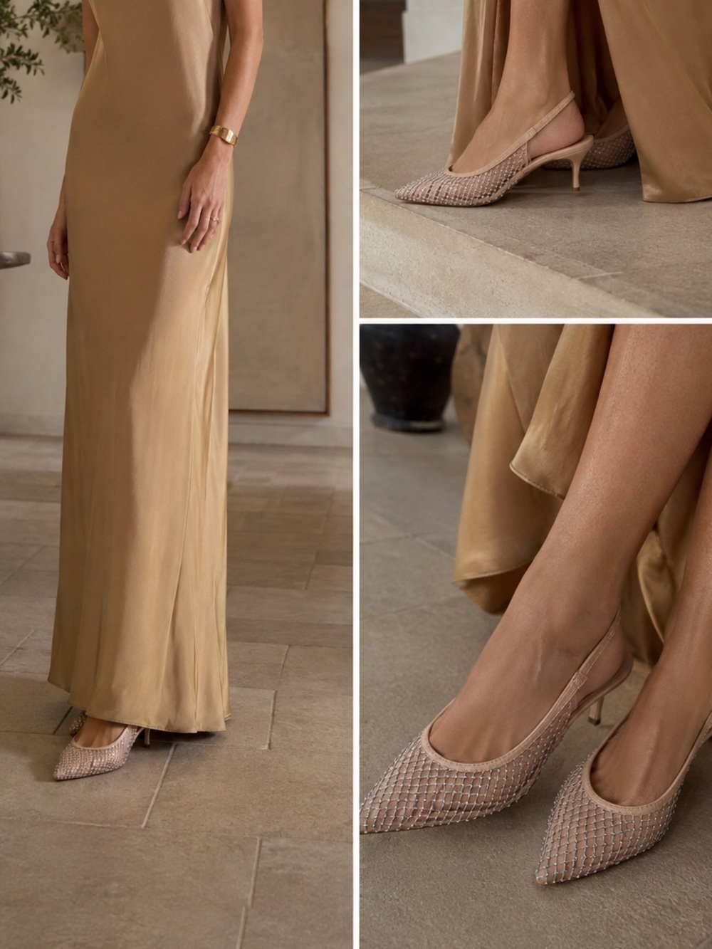 Mango Nude Blush Pointed-Toe Slingback kitten Heels with Rhinestone Mesh